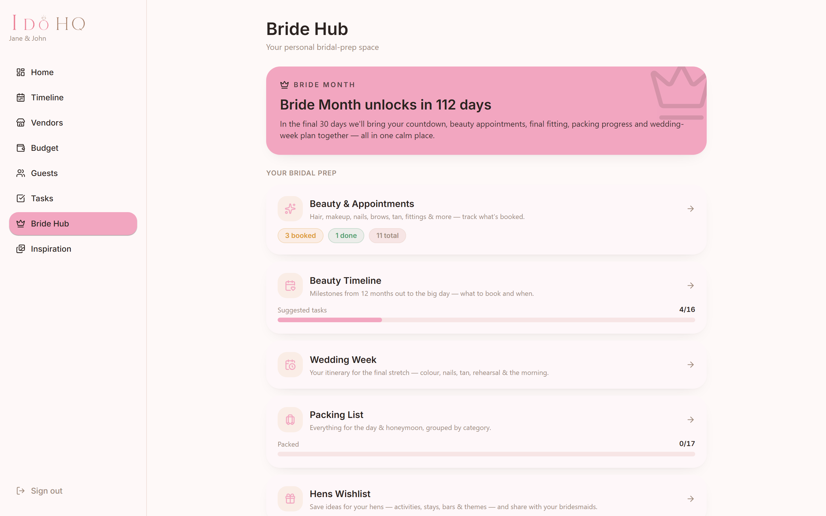 The I Do HQ Bride Hub, showing Bride Month and the beauty appointments.