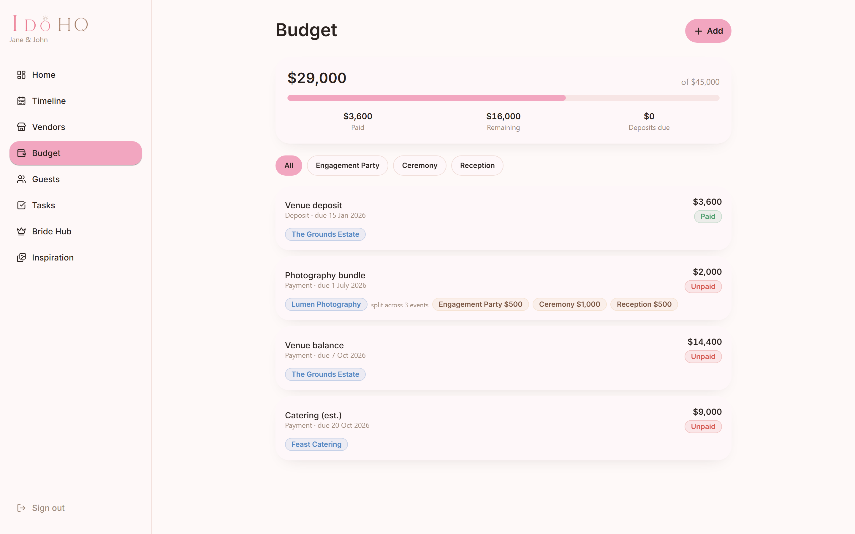The I Do HQ web budget, showing vendor payments split across events with per-event chips.