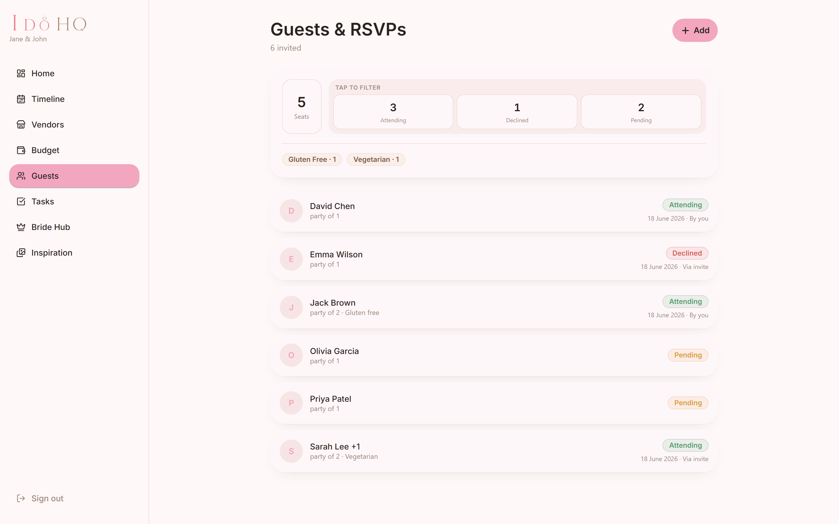 The I Do HQ guest list on the web, with a row of counts for attending, declined and still to reply, dietary badges, and a status pill on each guest.