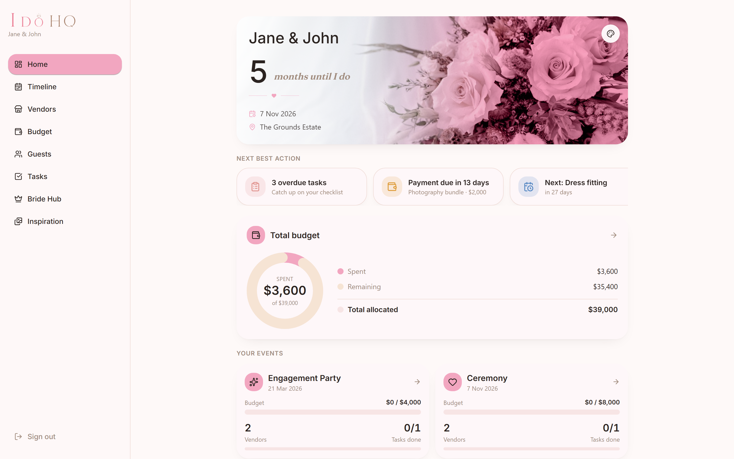 The I Do HQ web dashboard, showing the countdown, total budget and a card for each wedding event side by side.