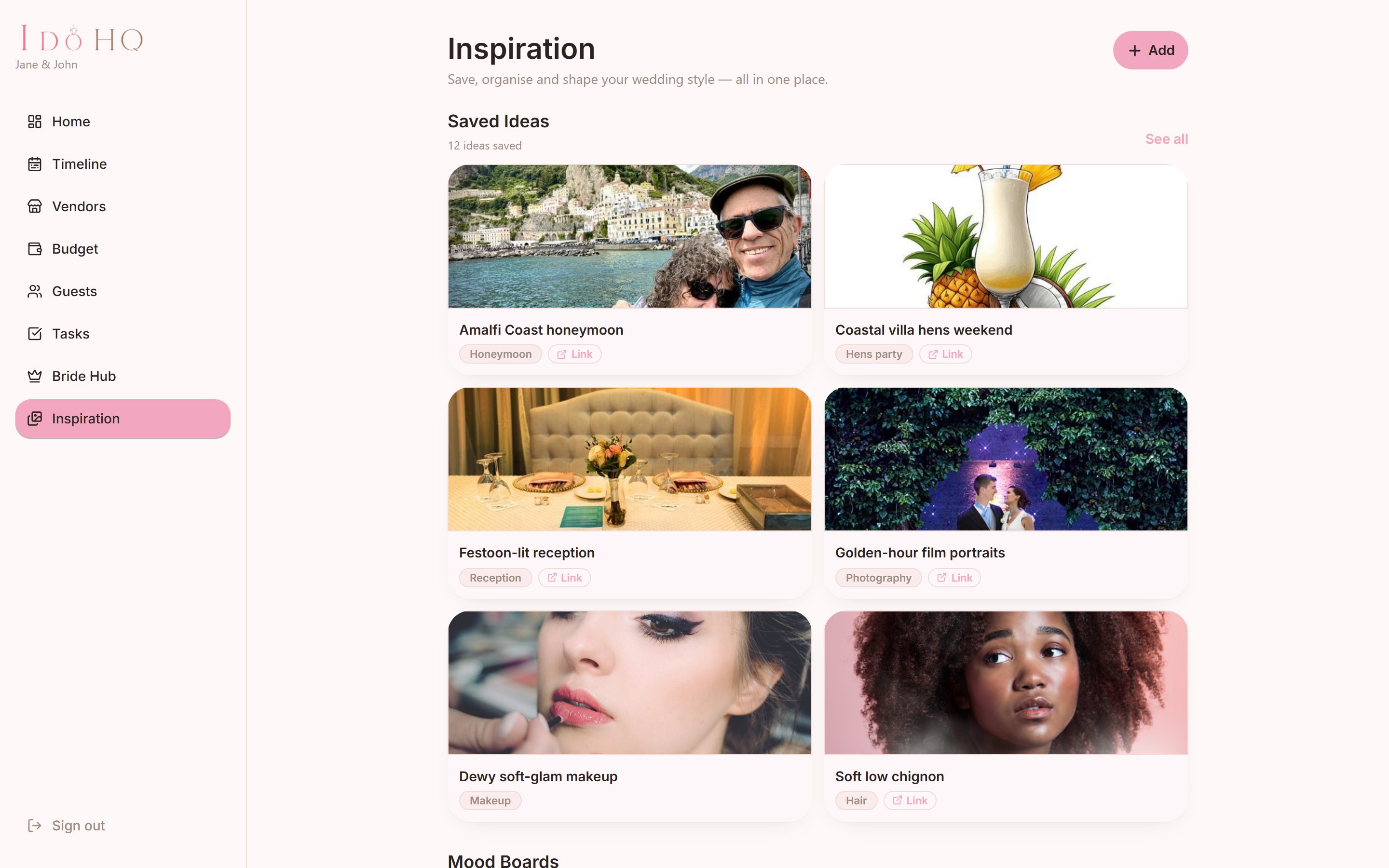 The I Do HQ inspiration board on the web, showing a grid of saved ideas with categories and mood boards.
