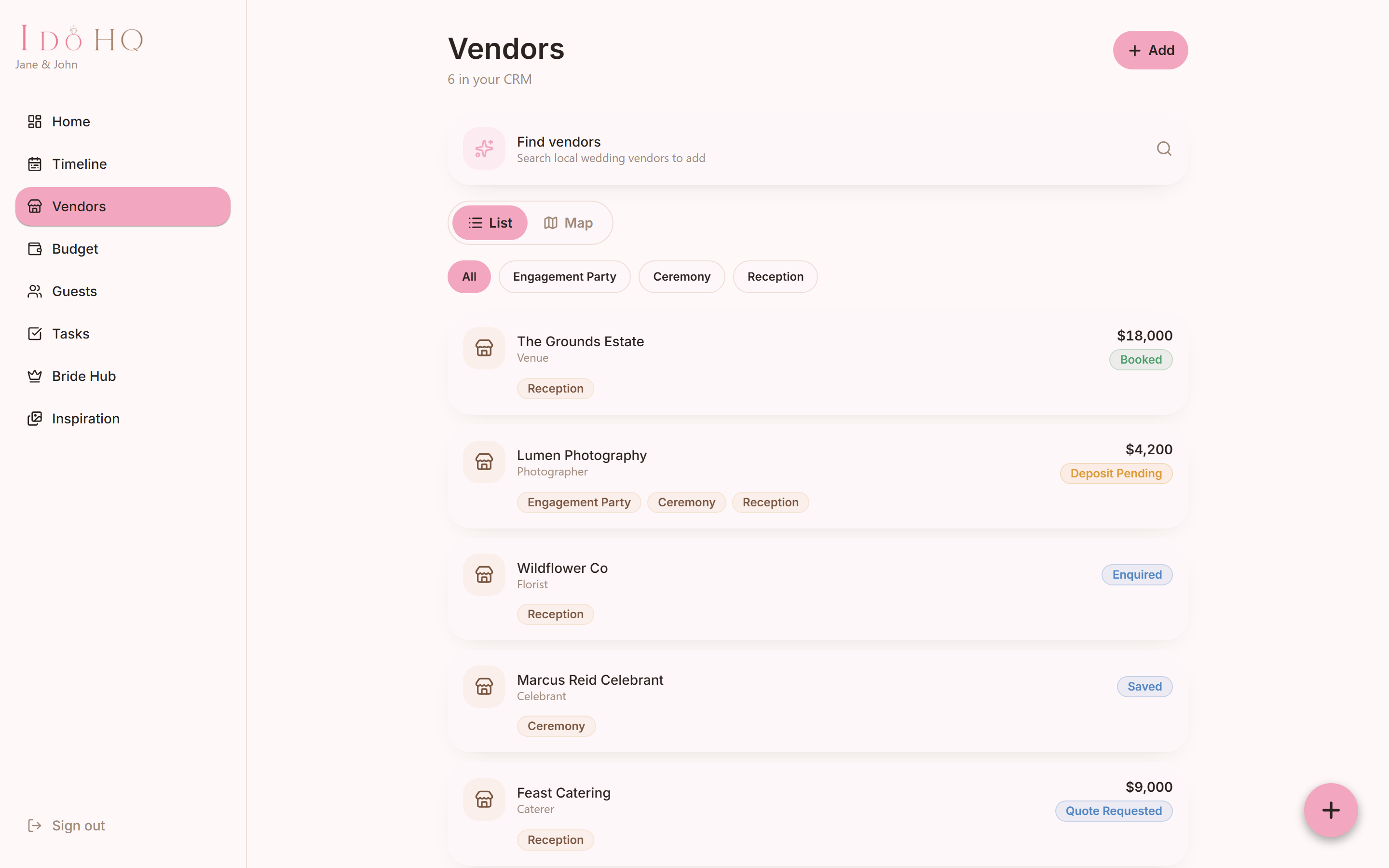 The I Do HQ vendor list, each vendor with a status chip from saved through to paid in full.