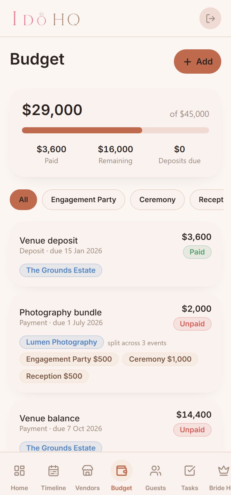 The I Do HQ budget screen, themed in a terracotta wedding colour.