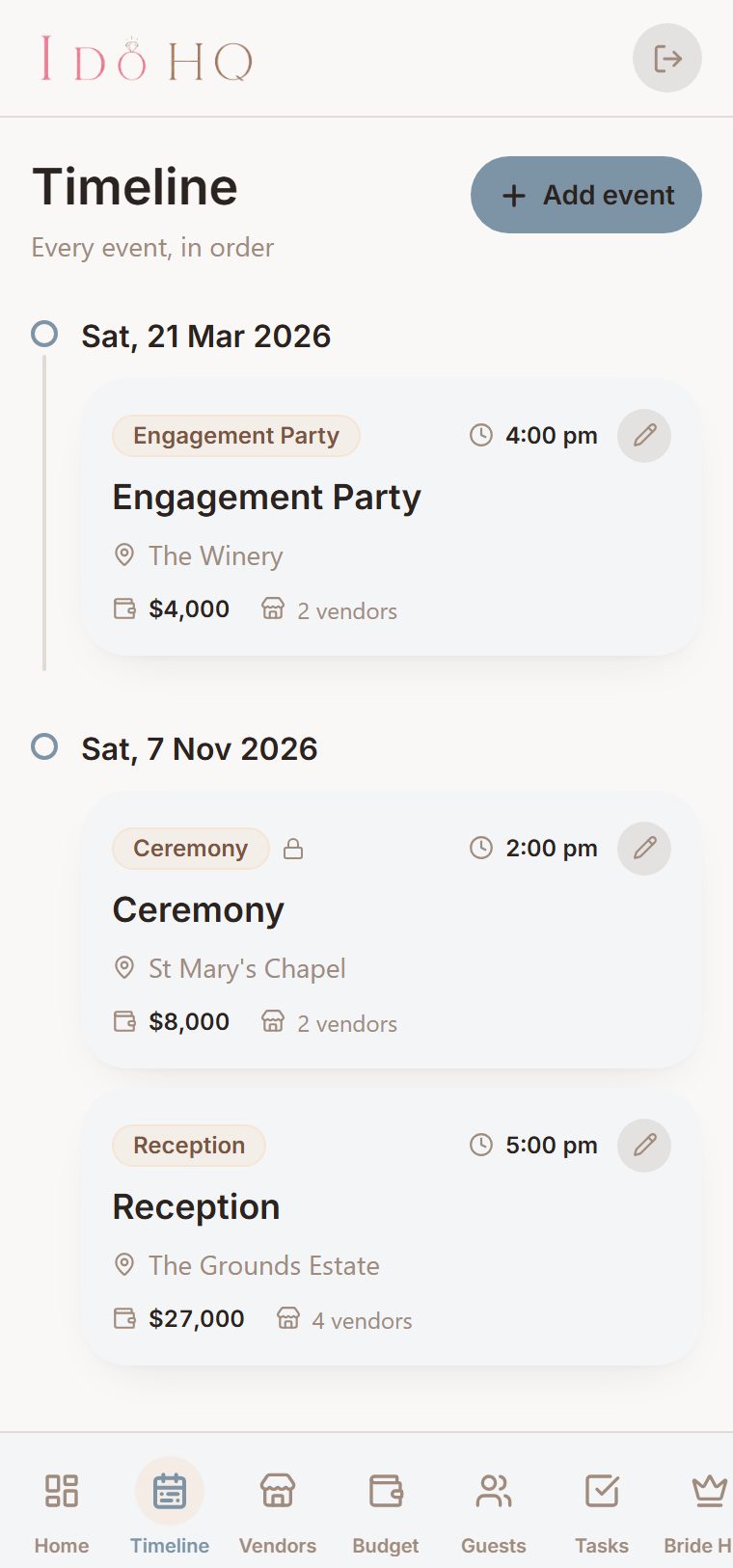 The I Do HQ timeline screen, themed in a dusty-blue wedding colour.