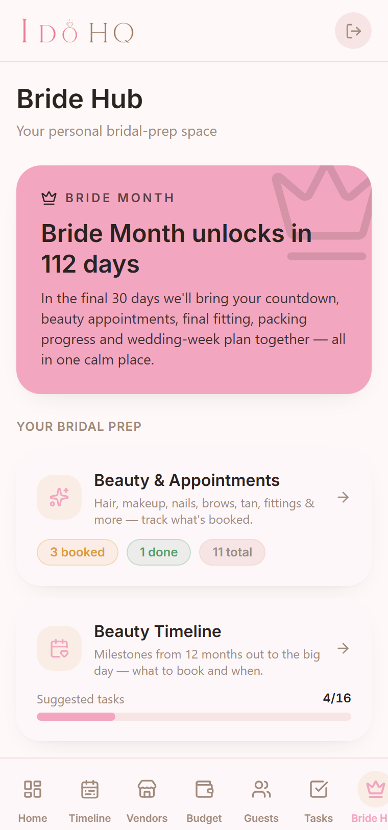 The I Do HQ Bride Hub, showing Bride Month and the beauty appointments.