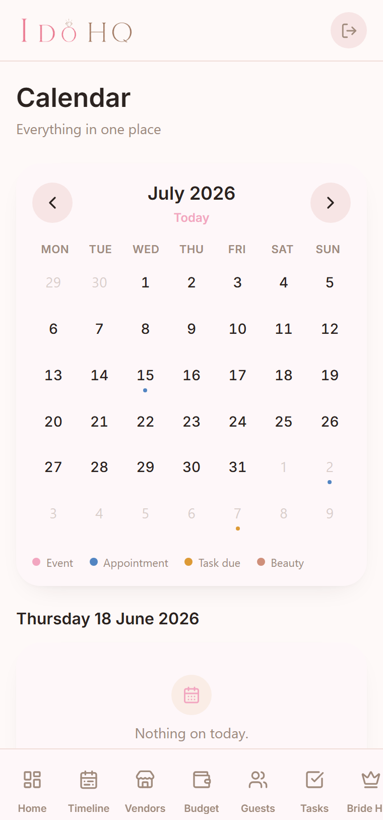 The I Do HQ month calendar, with colour-coded dots marking events, vendor appointments, task due dates and beauty bookings.