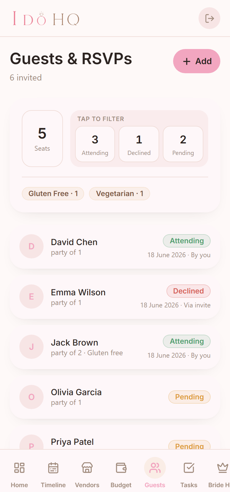 The I Do HQ guest list on a phone, showing RSVP status pills, party sizes and dietary needs for each guest.