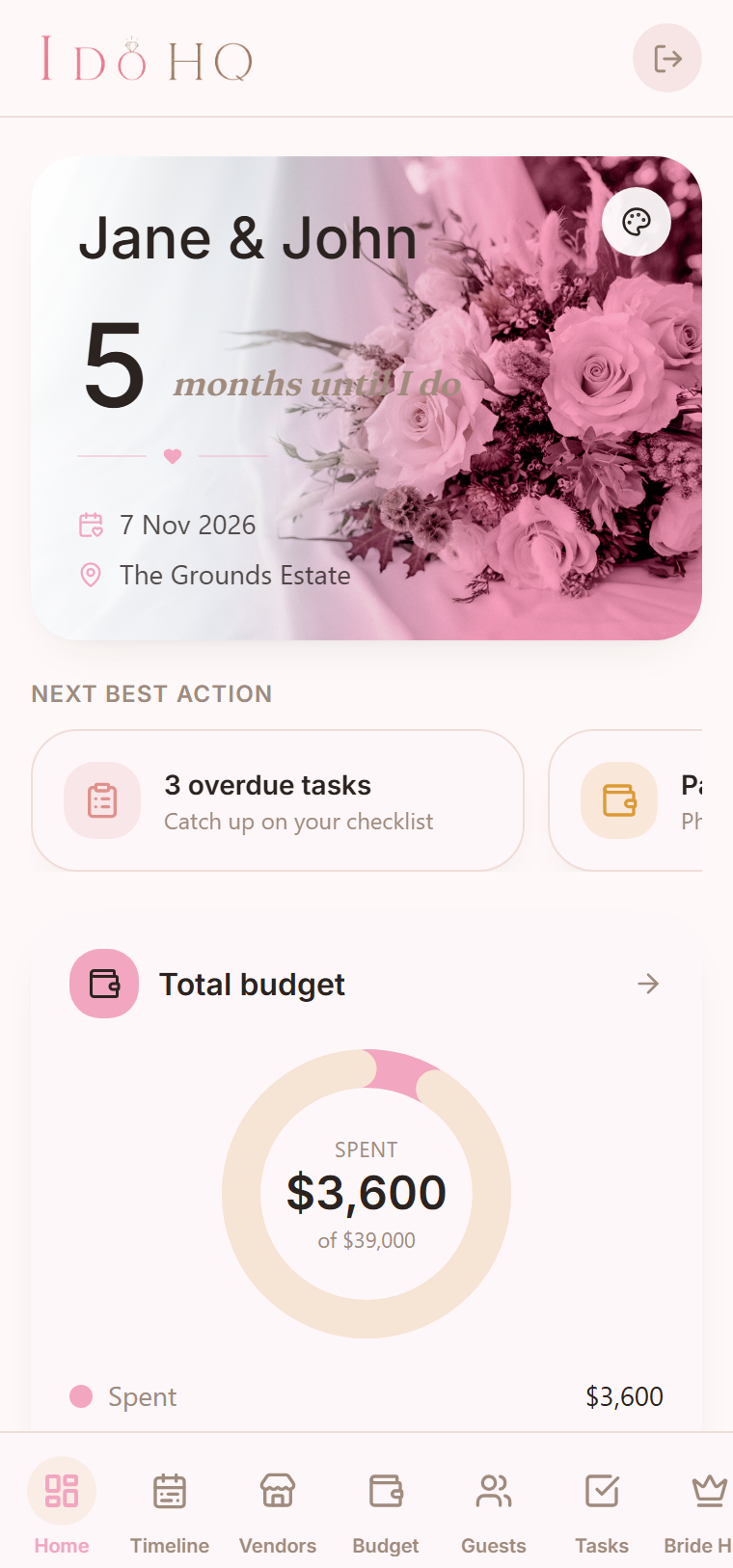 The I Do HQ home dashboard on a phone, showing the same wedding plan as the browser.