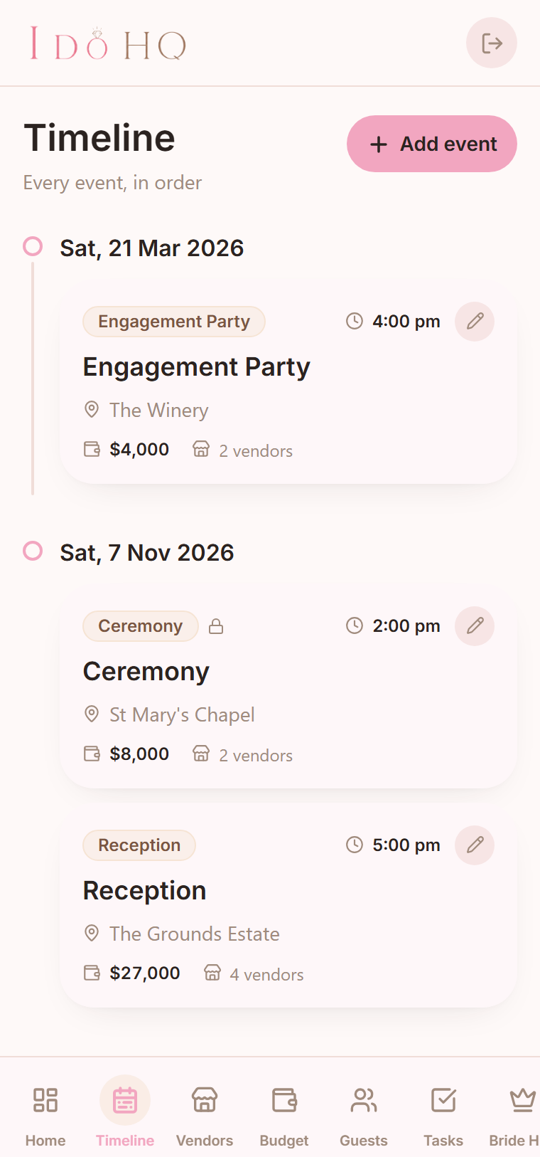 The I Do HQ timeline, with wedding events grouped by date and a group for dates still to be set.