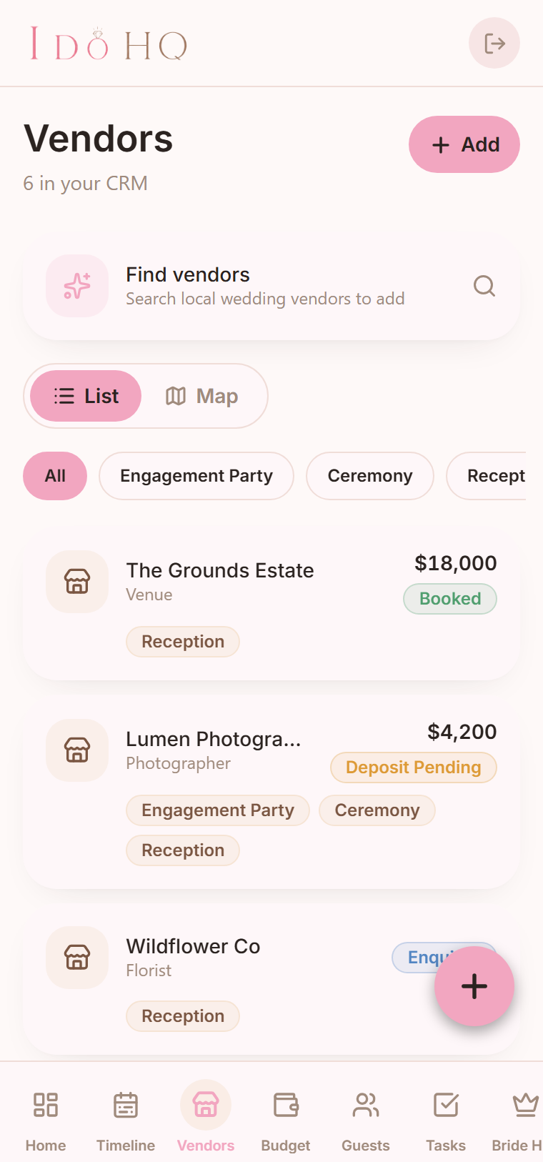 The I Do HQ vendor list, showing each vendor with a status chip and a toggle between the list and map views.